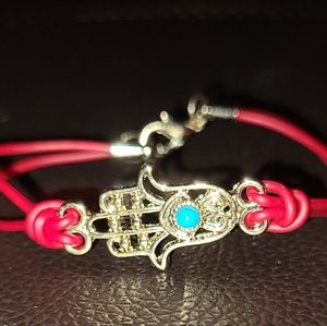 GOLD PLATED HAMSA HAND EVIL EYE PROTECTION RED BRACELET W/ CLOVER CHARM